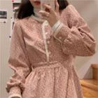 Floral Long-sleeve A-line Dress Floral - White & Pink - One Size