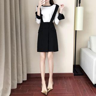 Set: Two-tone 3/4-sleeve Top + Plain Suspender Skirt