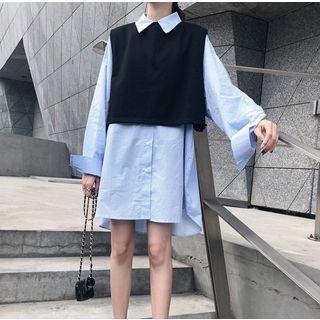 Striped Long Shirt / Plain Crop Vest