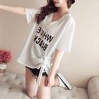 Elbow-sleeve Letter Print Drawcord T-shirt