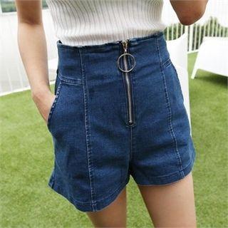 High-waist Zip-front Denim Shorts