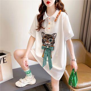 Short-sleeve Beaded Cat Mini Polo Dress