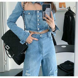 Cutout Denim Cropped Blouse / Ripped Wide Leg Jeans