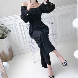 Puff-sleeve Plain Wide-leg Jumpsuit