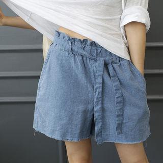 Fray-hem Linen Blend Shorts With Sash