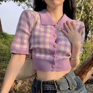 Short-sleeve Gingham Cropped Cardigan Purple - One Size