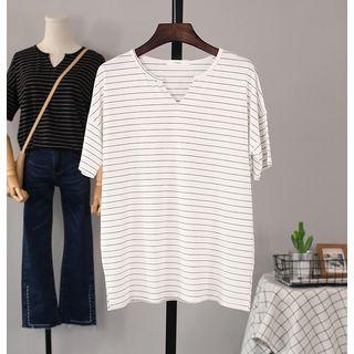 Pinstriped Short-sleeve Notch Neck T-shirt