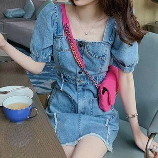 Short-sleeve Fringed Trim Denim Mini A-line Dress
