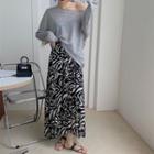 Plain Long-sleeve Top / Printed A-line Skirt