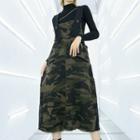 Camouflage Distressed Denim Midi Overall Dress Camouflage - Green - One Size