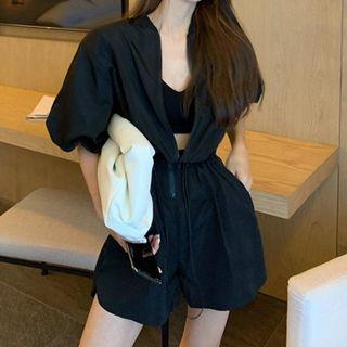 Puff-sleeve Drawstring-waist Wide Leg Romper