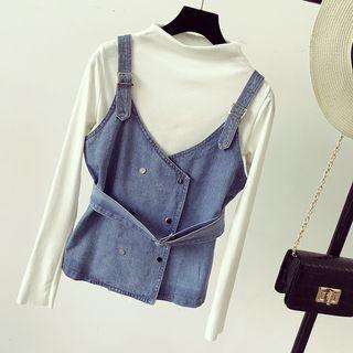 Set: Long-sleeve Top + Double Breasted Denim Tank Top