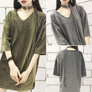 V-neck 3/4 Sleeve Tunic With Scarf
