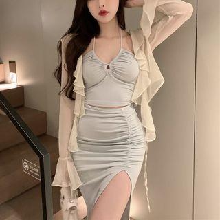 Halter Camisole Top / Slit Midi Pencil Skirt / Ruffle Trim Blouse