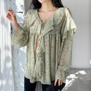 Frill-trim Floral Print Blouse Mint Green - One Size