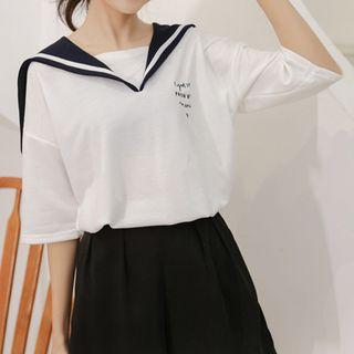 Lettering Sailor Collar Elbow-sleeve T-shirt