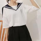 Lettering Sailor Collar Elbow-sleeve T-shirt