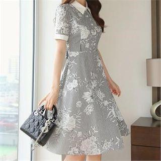 Collared Floral Print Stripe Dress