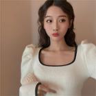 Color-block Puff-sleeve Slim-fit Knit Top