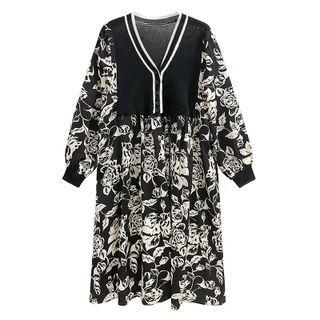 Long-sleeve Floral A-line Dress Flower - Black & White - One Size