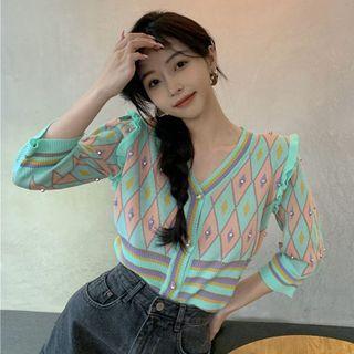 3/4-sleeve Argyle Cardigan Light Aqua Green & Pink - One Size