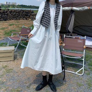 Long-sleeve Plain Midi Dress / Plaid Button-up Vest