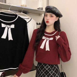 Long-sleeve Ribbon Print Knit Top