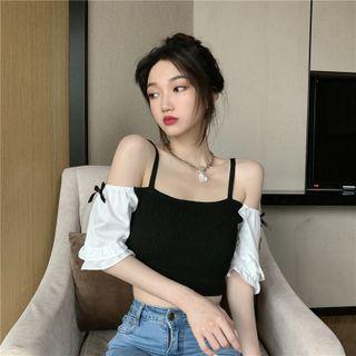 Short-sleeve Cold-shoulder Knit Crop Top Black - One Size
