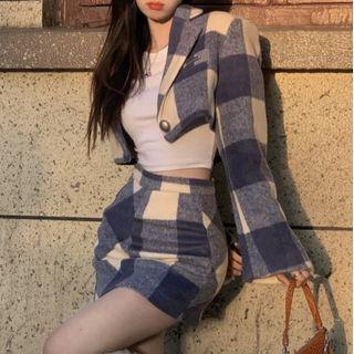 Plaid Cropped Jacket / Mini Skirt