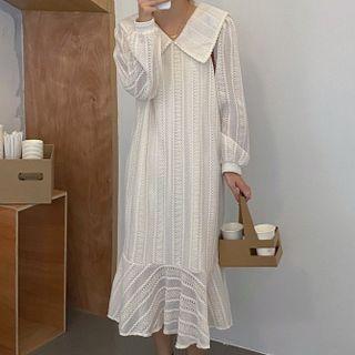 Long-sleeve Wide-collar Lace Midi Mermaid Dress