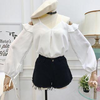 Off-shoulder V-neck Chiffon Top