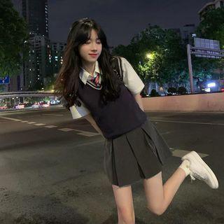 Short-sleeve Shirt / Contrast-trim Knit Vest / Plain Pleated Mini Skirt