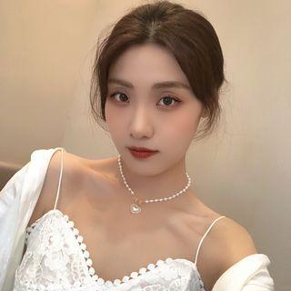 Heart Faux Pearl Pendant Choker 1 Pc - Necklace - White & Gold - One Size