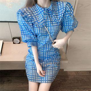 Plaid Collared Puff-sleeve Mini Sheath Dress