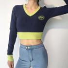 Two-tone V-neck Cropped Rib Knit Top