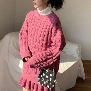 Faux Pearl Cable Knit Sweater / Pleated Knit Skirt