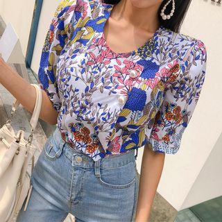 Side-button Floral Peplum Blouse
