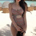 Printed Cutout Tie-front Swimsuit