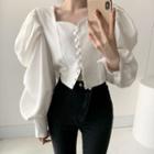 Pleated Puff Sleeve Sweetheart Neckline Cropped Blouse