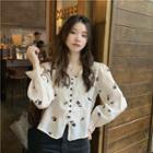 Long-sleeve Rose Print Blouse Almond - One Size