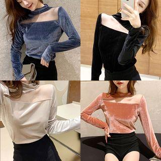 Mock-neck Mesh-panel Velvet Top