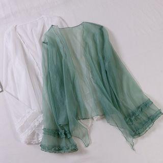Ruffled Open Front Mesh Jacket