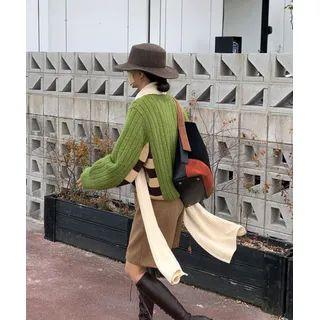 Checked Ribbed Sweater Olive Green - One Size
