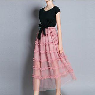 Cap-sleeve A-line Midi Mesh Dress