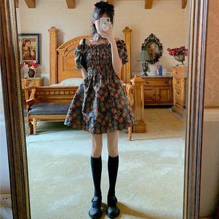 Square-neck Smocked Floral Mini Dress With Choker As Shown In Figure - One Size
