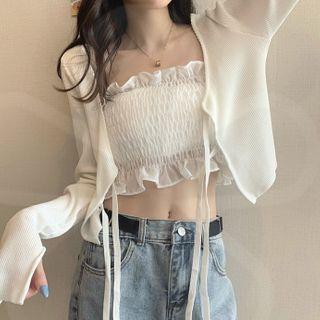 Ruffle Trim Tube Top / Tie-strap Cropped Cardigan