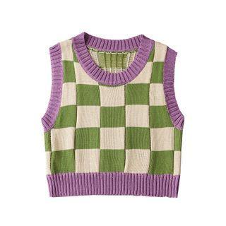 Checker Print Sweater Vest Checker Print - Green & Beige - One Size