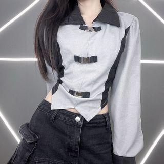 Long-sleeve Collar Buckled Top