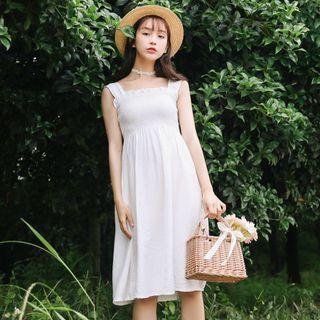 Plain Sleeveless Midi A-line Dress White - One Size
