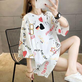 Elbow-sleeve Cartoon Print Tunic T-shirt
